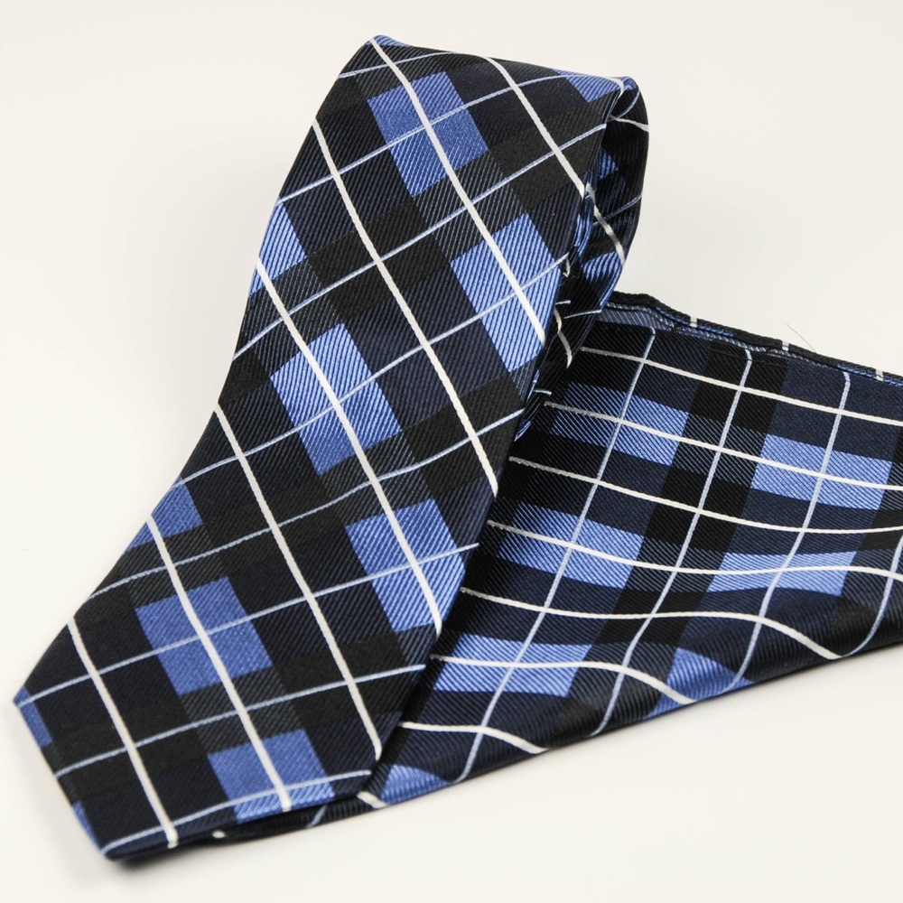100% Silk Almasi Ties Black & Blue w/Pocket Square